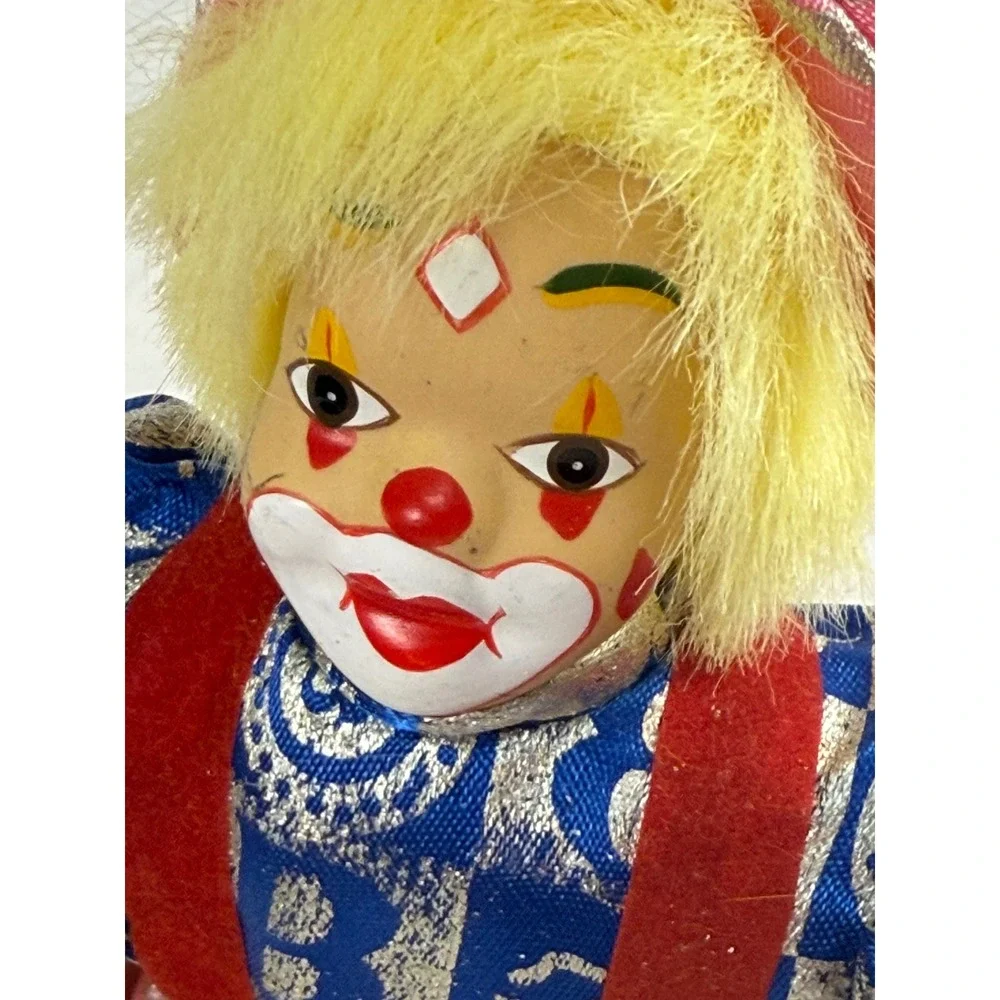 Vintage Porcelain Clown Doll Yellow Hair Blue Silver Pink Outfit 7.5 Inch